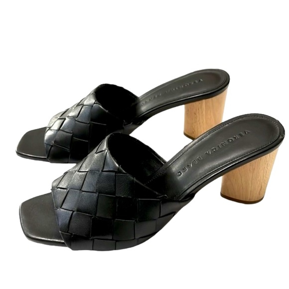 Veronica Beard Kiele Leather Woven Strap Block-Heel Mules, Black, size 7.5